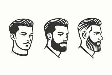 Three stylized man heads displaying different hairstyles and beard styles on a plain background
