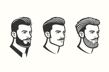 Three stylized men portraits with different beard and mustache styles against a solid background