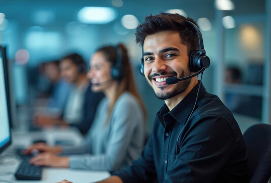 Young Middle Eastern man with headset works at computer in office. Customer service representative smiles at camera. Colleagues work behind in call center environment. Office workers provide support - Powered by Adobe