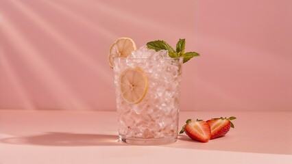 Refreshing summer cocktail with strawberry lemon and mint on pink background
