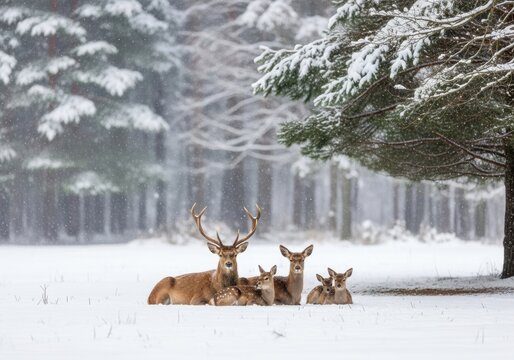 Deer family resting at snowy forest edge - Powered by Adobe