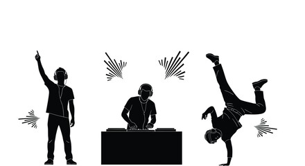 Energetic DJ and breakdancer celebrate vibrant music and dance party vibes