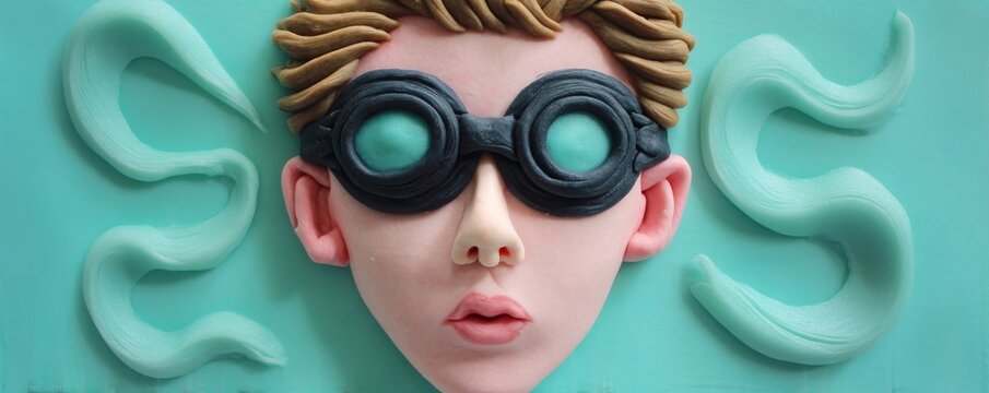 Creative Plasticine Swimmer with Goggles Featuring Tentacle Shapes on a Pastel Aqua Background