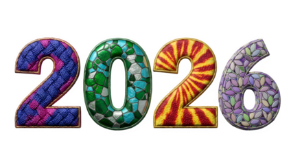 Colorful 3d numbers 2026 with unique textured patterns against a black background for new year celebrations