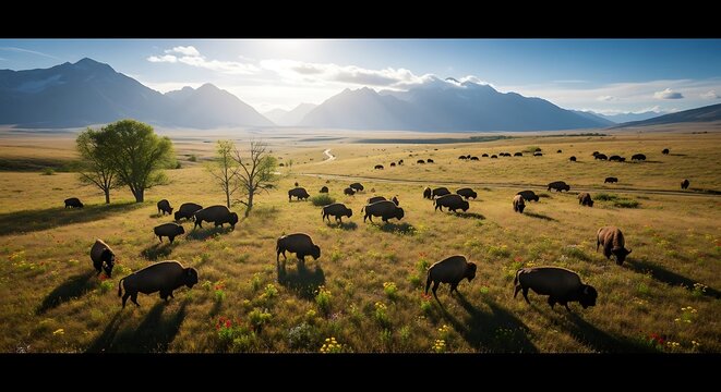 Herd of Bison Grazing in a Mountain Meadow at Sunrise