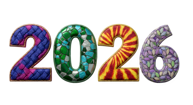 Colorful 3d numbers 2026 with unique textured patterns against a black background for new year celebrations - Powered by Adobe