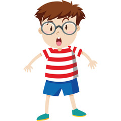 Surprised Young Boy With Brown Hair Wearing Glasses Red Striped T-shirt Blue Shorts and Teal Shoes Standing with Arms Outstretched and Mouth Open Against a White Background