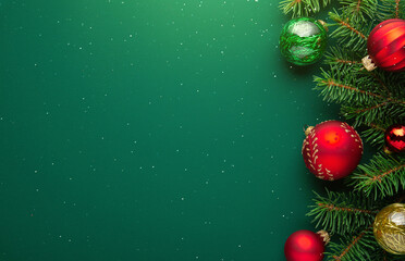 Fototapeta na wymiar Christmas background with xmas tree, Christmas red decoration and sparkle bokeh lights on green background. Merry Christmas greeting card. Winter holiday theme. Happy New Year. Space for text