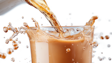 Brown liquid splash into glass isolated on a transparent background