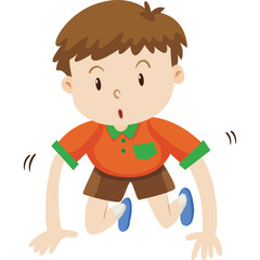 Surprised cartoon boy with brown hair wearing an orange polo shirt and brown shorts in a playful crouching pose on a white background with a transparent background effect