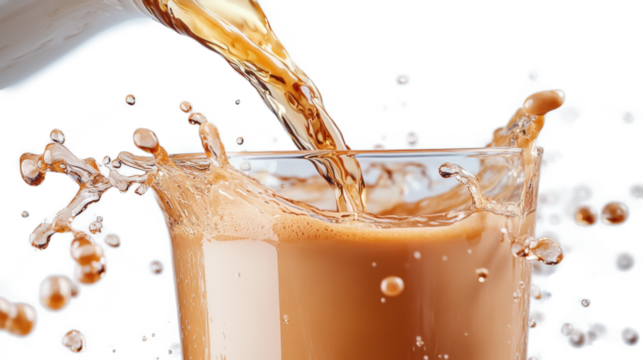 Brown liquid splash into glass isolated on a transparent background