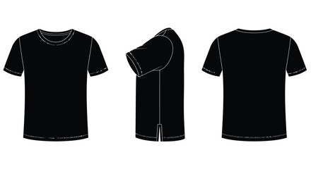 Sleek black t-shirt mockup from front, side, and back views