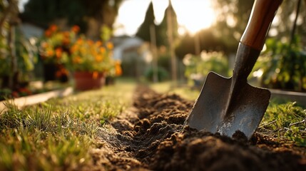 Garden maintenance scene showing shovel in soil from medium distance demonstrating soil preparation routine with well-defined soil section and wide lawn area in background