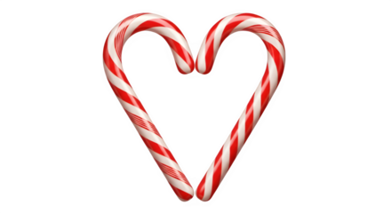 Two classic red and white striped candy canes formed into a heart shape on a black background