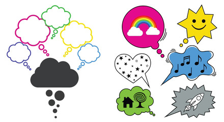 Diverse colorful thought bubbles express ideas, dreams, and creativity