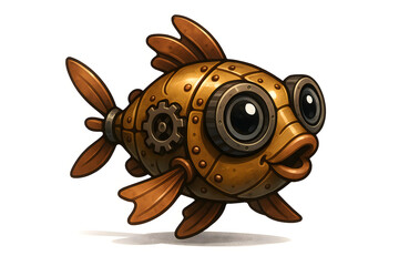 Happy steampunk robo cartoon fish with big eyes on white background