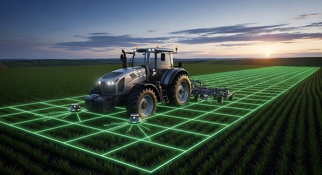 Futuristic Smart Tractor Navigating Field with Digital Grid
