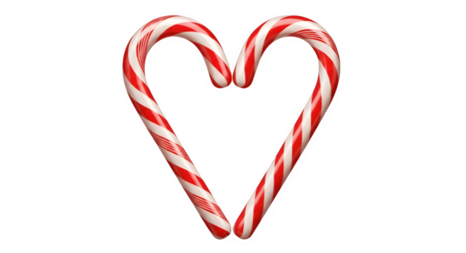 Two classic red and white striped candy canes formed into a heart shape on a black background
