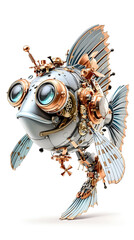 Flying steampunk robo cartoon fish with wide fin wing on white background
