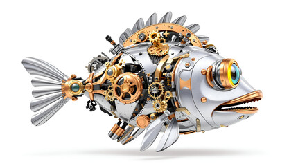 Complex steampunk robo cartoon fish packed with gears on white background