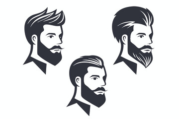 Three stylized portraits show diverse beard styles and sophisticated side profiles on white backgrounds