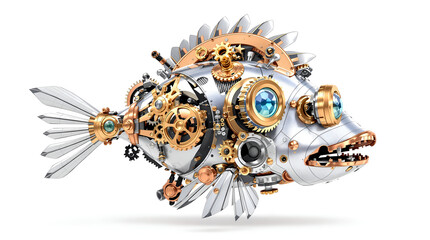 Aggressive steampunk robo cartoon fish with open metal jaw on white background