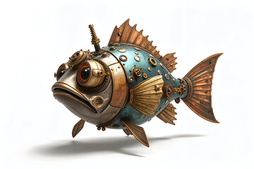 Antenna steampunk robo cartoon fish isolated on white background