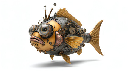 Golden body steampunk robo cartoon fish isolated on white background