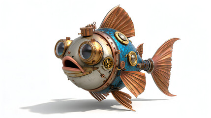 Blue shell steampunk robo cartoon fish with open mouth on white background