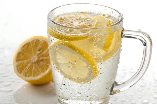 Glass of water with a lemon slice in it - Powered by Adobe