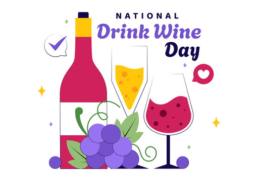 National Drink Wine Day Vector Illustration on February 18 Featuring a Glass of Grapes and a Bottle in a Flat Cartoon Background Design