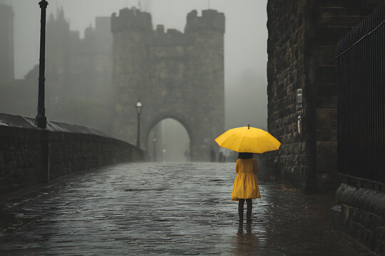 Yellow umbrella girl in rainy city street scene with castle architecture and wet cobblestone pavement