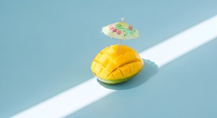 A bright yellow mango and a colorful dreidel are suspended in the air against a pastel blue background with a diagonal beam of sunlight
