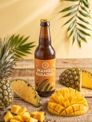 Mango paradise beverage bottle with pineapple and mango fruit still life