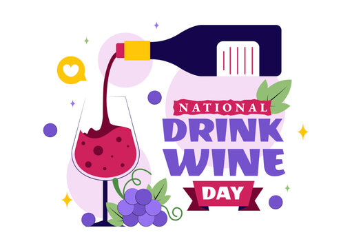 National Drink Wine Day Vector Illustration on February 18 Featuring a Glass of Grapes and a Bottle in a Flat Cartoon Background Design