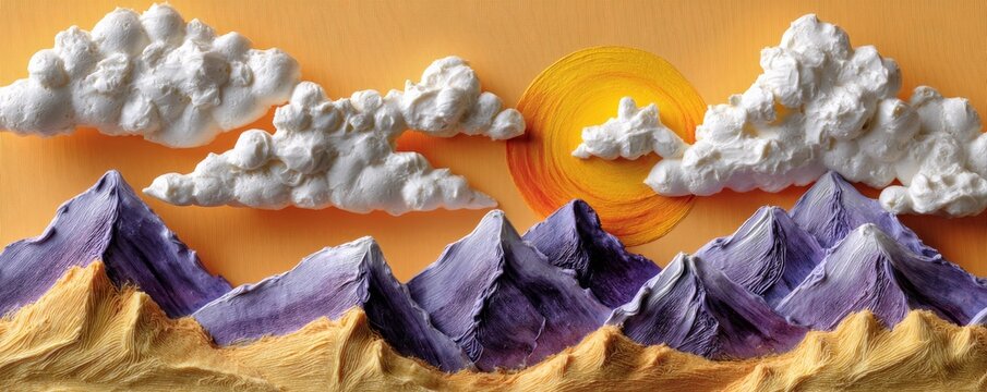 Vibrant Plasticine Sunrise Over Textured Mountains with Fluffy Clouds in Pastel Orange Sky