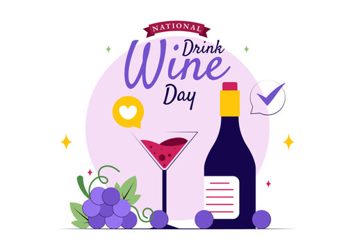 National Drink Wine Day Vector Illustration on February 18 Featuring a Glass of Grapes and a Bottle in a Flat Cartoon Background Design