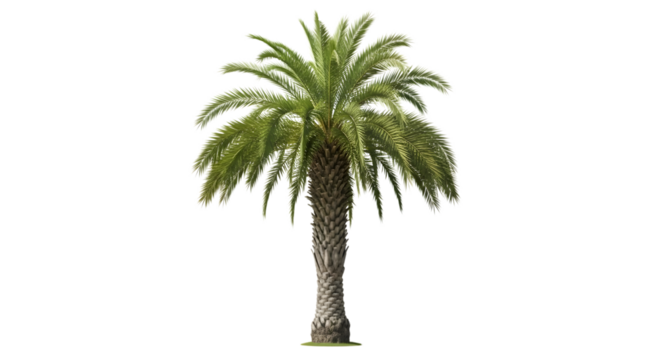 A tall mature date palm tree with lush green fronds set against a stark black background