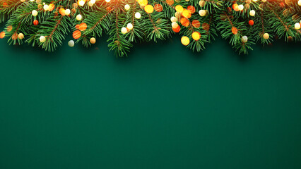 Christmas frame with xmas spruce tree, bokeh lights on green background. Merry Christmas greeting card, banner, frame, border. Winter holiday festive theme. Happy New Year. Space for text.