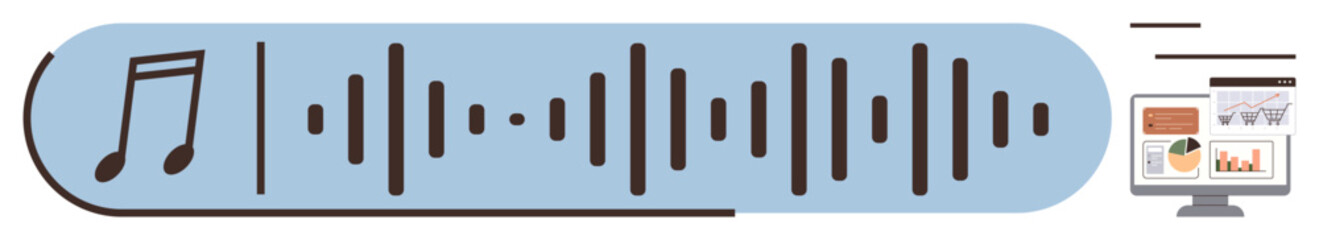 Musical note with soundwave and monitor displaying analytical graphs highlight music processing, sound editing, and data interpretation. Ideal for music production, analysis, sound design, digital