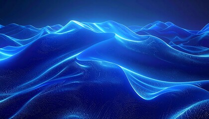 A mesmerizing, abstract scene with undulating, electric blue lines that simulate a rippling, luminous landscape. The scene glows