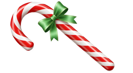 Classic red and white striped candy cane tied with a festive green ribbon on a black background