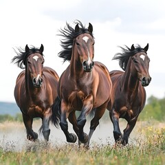 Obraz premium Three brown horses in full gallop across a grassy field dust rising