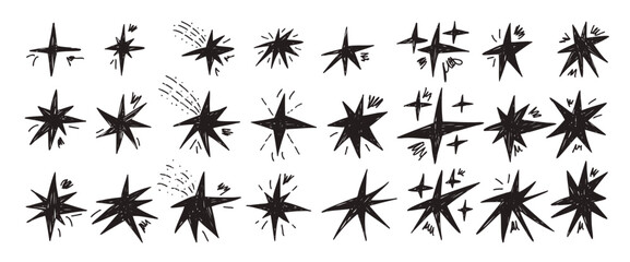 Scribble stars. Black pencil twinkles spark. Handmade magic bling collection. Kids paint collage stickers blinks. Christmas simple shine decoration. Vector asterisk elements isolated no background.