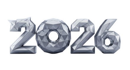 Polygonal silver 2026 numbers on black background representing new year celebration and future
