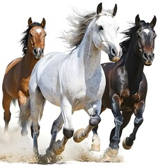 Obraz premium Three majestic horses bay speckled white and black galloping powerfully through dust clouds