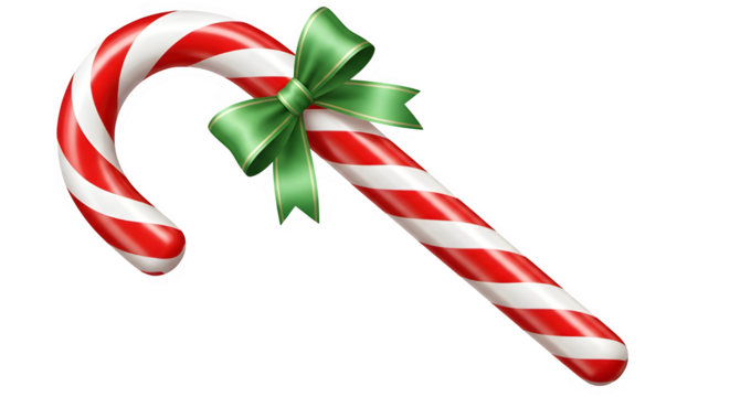 Classic red and white striped candy cane tied with a festive green ribbon on a black background