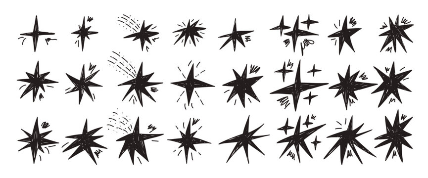 Scribble stars. Black pencil twinkles spark. Handmade magic bling collection. Kids paint collage stickers blinks. Christmas simple shine decoration. Vector asterisk elements isolated no background.