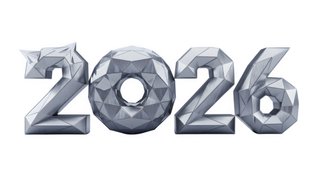 Polygonal silver 2026 numbers on black background representing new year celebration and future - Powered by Adobe