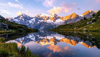 Fototapeta premium A stunning mountain range with snow-covered peaks and glaciers is beautifully reflected in the calm waters of an alpine lake during sunrise.